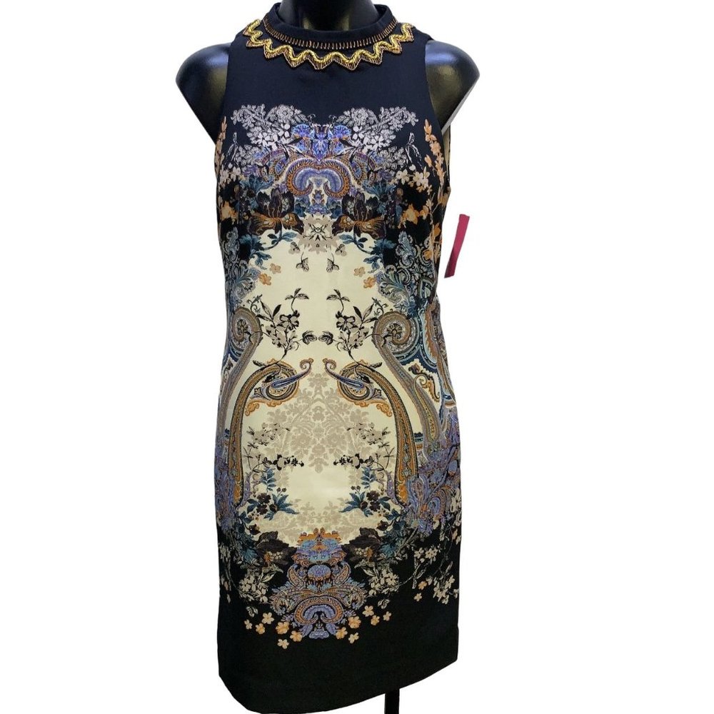 Sleeveless Navy and Cream Printed Sheath Dress